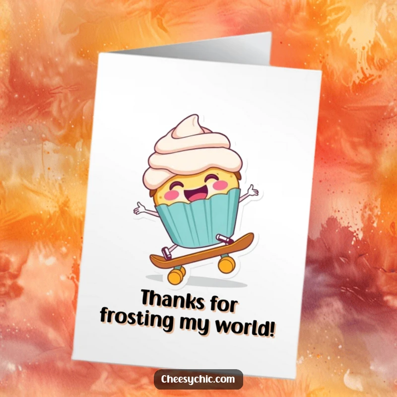 Funny Free Printable Thank You Card: A cupcake comically losing balance on a tiny skateboard, a sweet thank you.