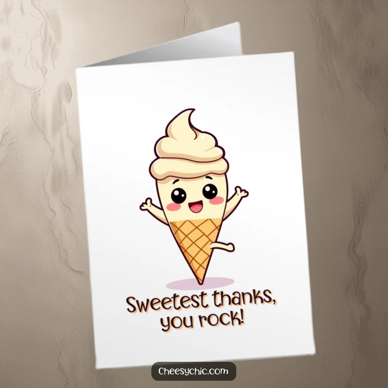 Funny Free Printable Thank You Card: A happy ice cream cone character doing a cartwheel, bringing a smile while saying thank you.