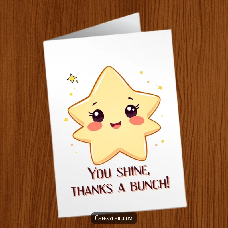Funny Free Printable Thank You Card: A smiling star character joyfully tossing glitter to express heartfelt appreciation and thanks.