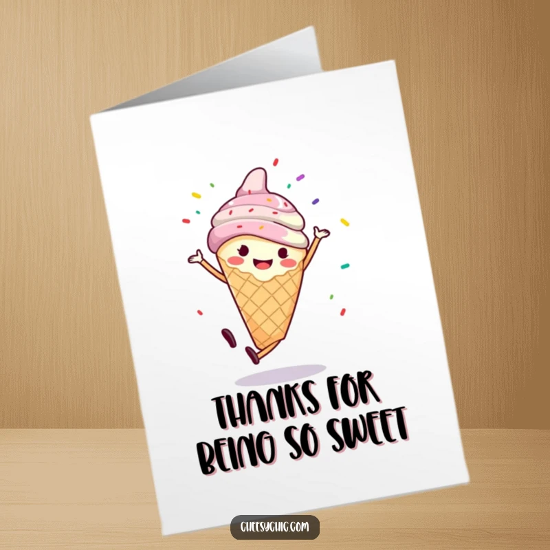Funny Free Printable Thank You Card: Smiling ice cream cone performs a cartwheel with sprinkles flying, expressing thanks.