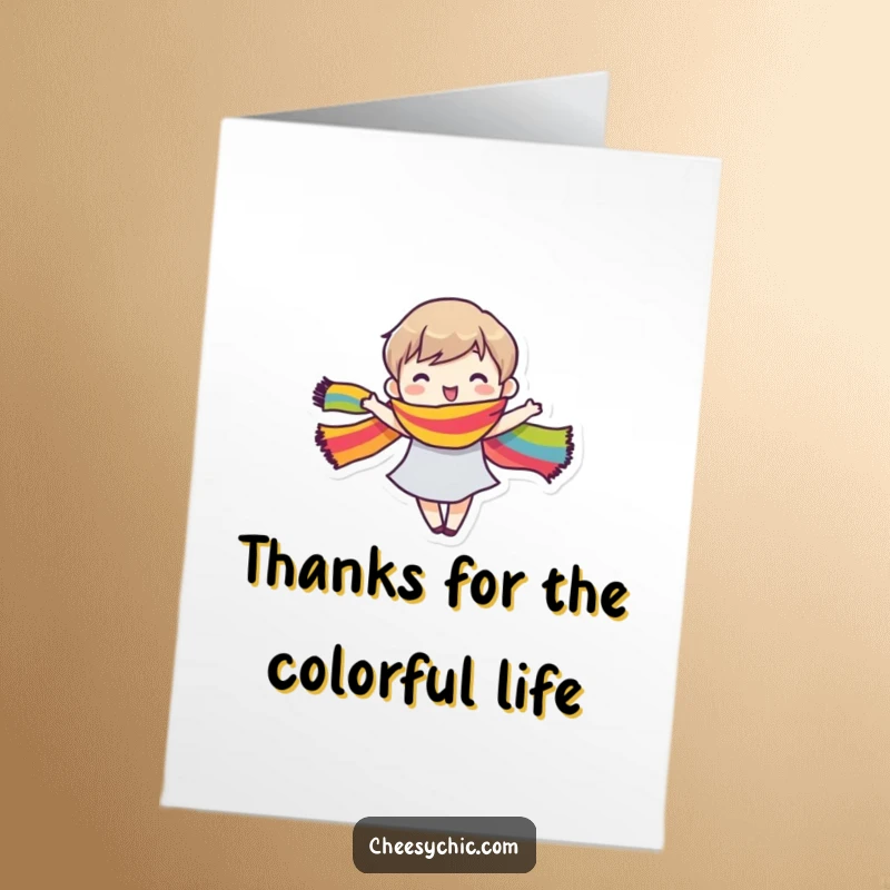 Funny free printable thank you card shows a stylized character happily dancing, a rainbow scarf creating colorful motion.