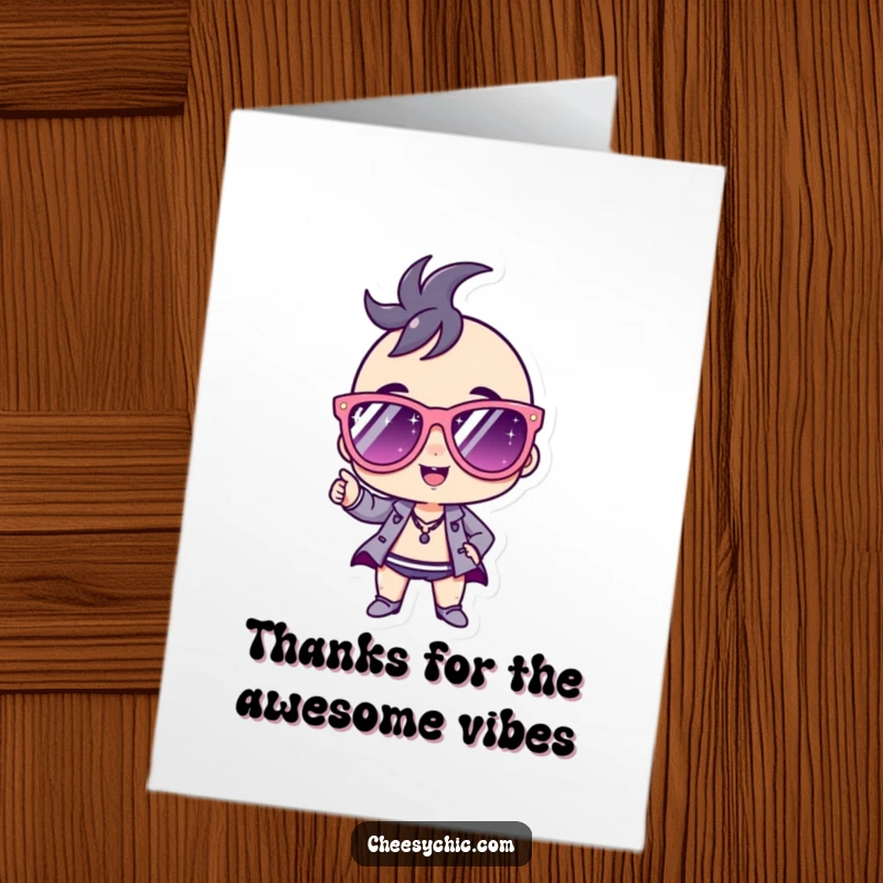 Funny free printable thank you card depicts a stylized character with flashy, oversized sunglasses, exuding pure confidence.
