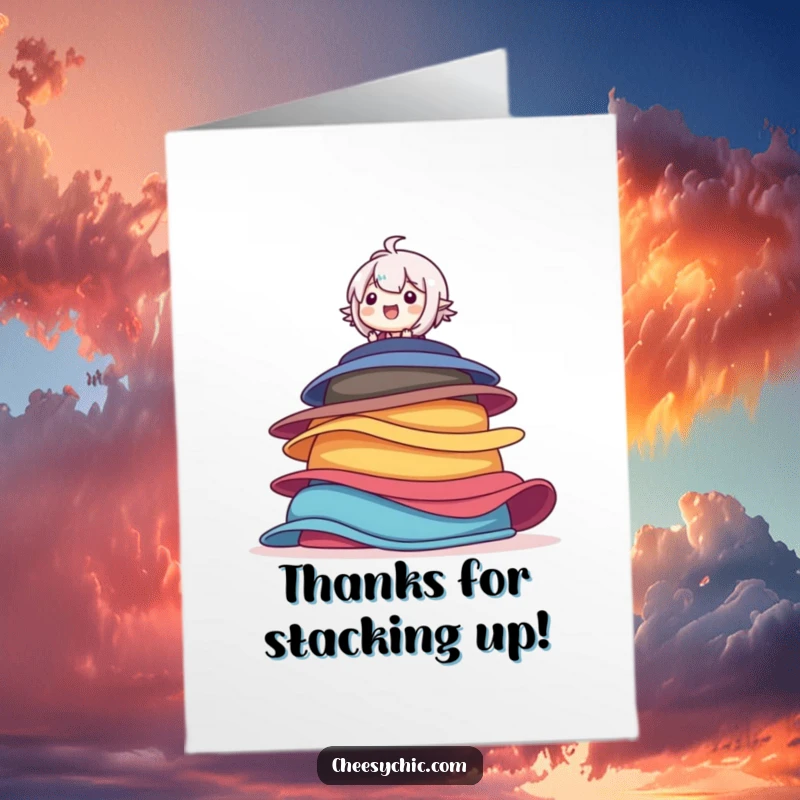 Funny Free Printable Thank You Card: Character balancing on colorful hats, looking delighted while expressing thanks.