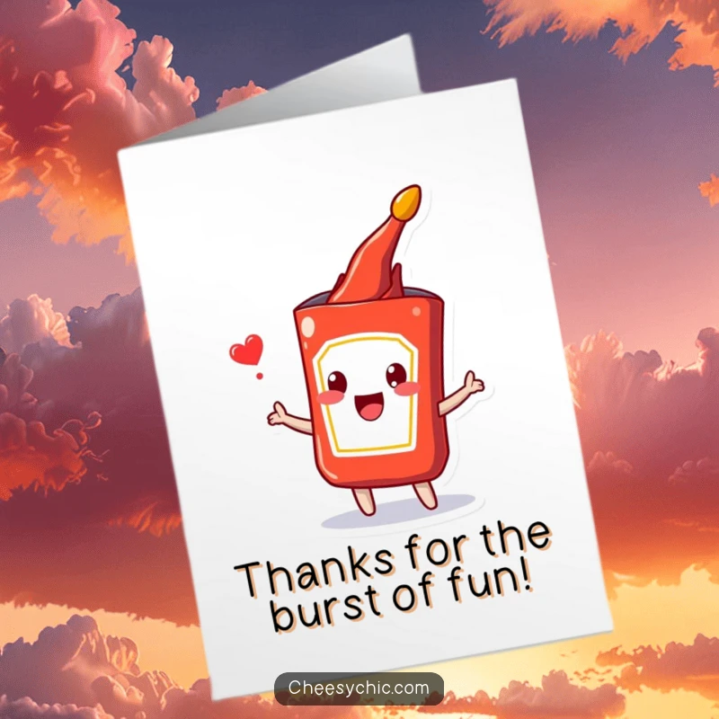 Funny Free Printable Thank You Card of a ketchup packet bursting happily, a playful way to convey thanks.
