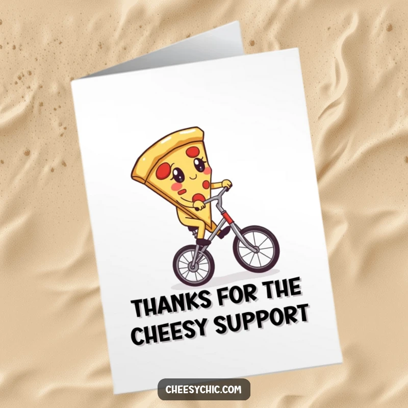 Funny Free Printable Thank You Card: Adorable pizza slice attempts to ride a unicycle, conveying thanks.