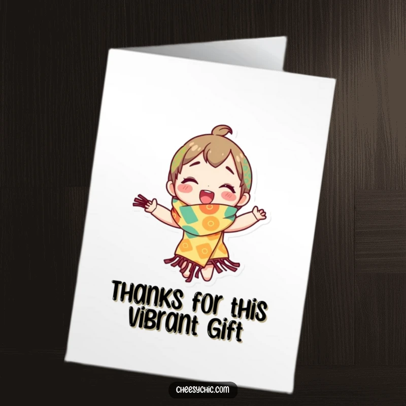 Funny Free Printable Thank You Card: Character joyfully spins, wearing a vibrant scarf, expressing heartfelt thanks.