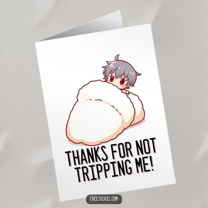 Funny Free Printable Thank You Card: A character stumbling playfully over a huge slipper. A humorous downloadable thank you.