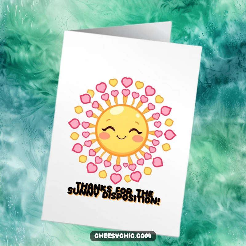 Funny free printable thank you card: A winking sun with rays made of tiny hearts, expressing a warm thank you.