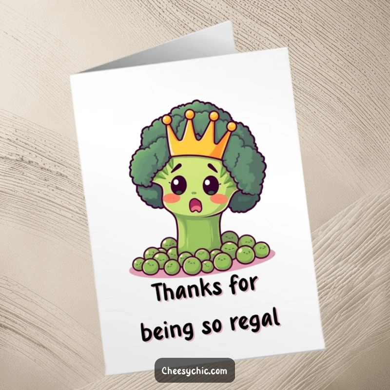 Funny Free Printable Thank You Card: A surprised broccoli floret wearing a tiny crown rules over a vast kingdom of peas.