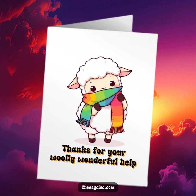 Funny Free Printable Thank You Card: A fluffy sheep humorously attempts to knit a rainbow scarf with its hooves.