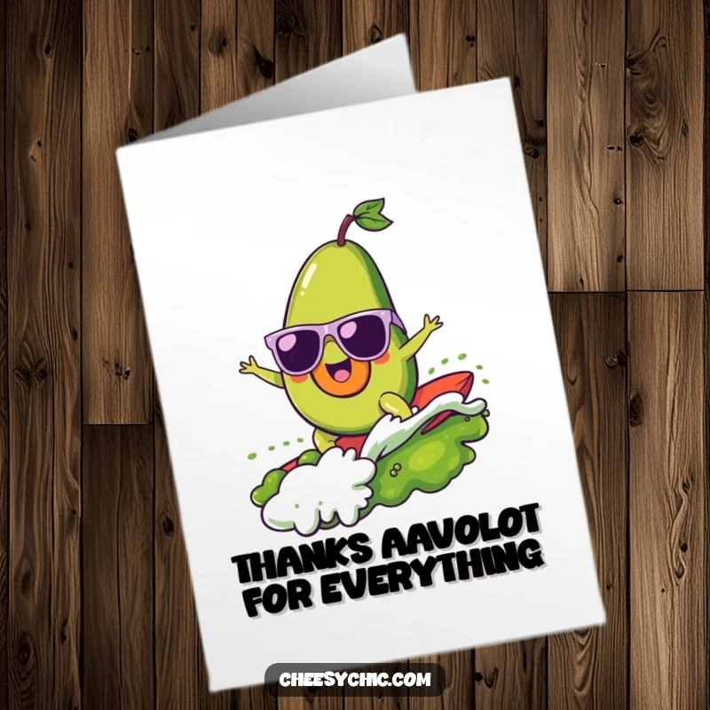 Funny Free Printable Thank You Card: A happy avocado wearing tiny sunglasses surfs a wave of guacamole with a surfboard.