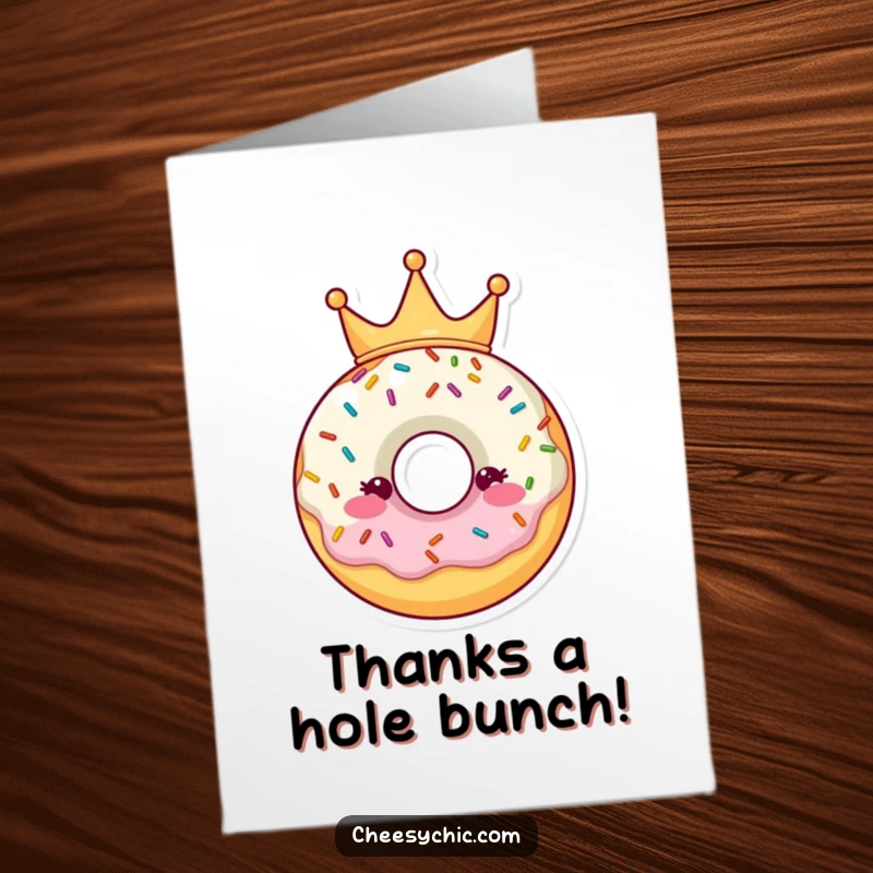 Funny Free Printable Thank You Card: Cute donut character wearing a sprinkle crown, expressing thanks.