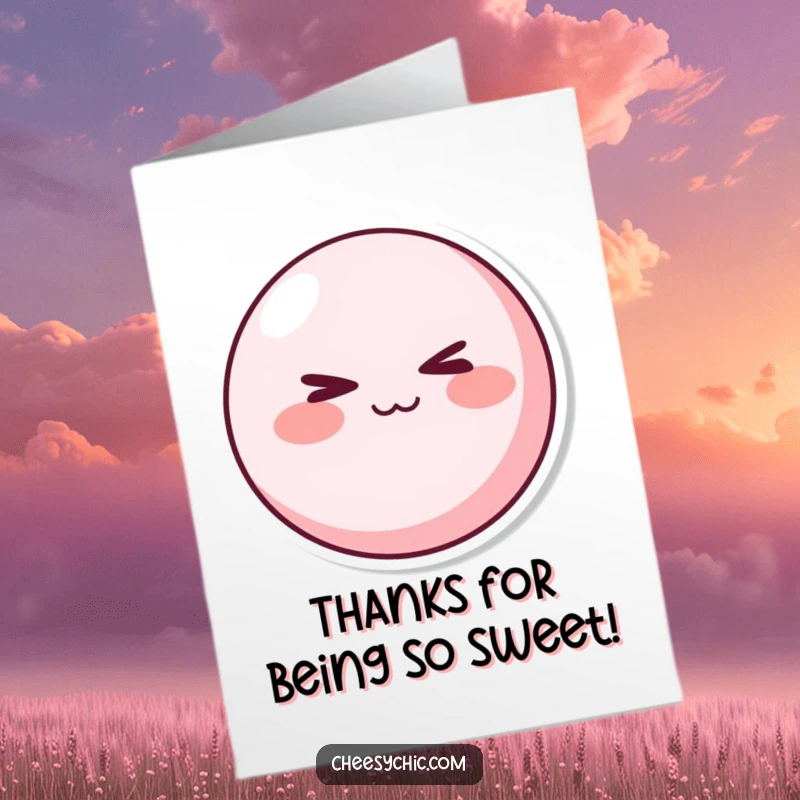 Funny Free Printable Thank You Card: A round, pink character with rosy cheeks winking playfully and sweetly.