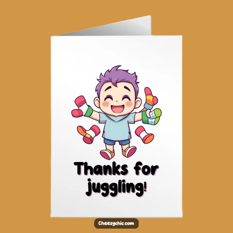 Free Printable Thank You Card: Sock Juggling Gratitude, Grinning Character, Funny