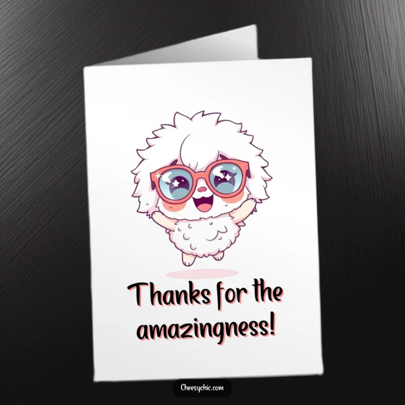 Funny Free Printable Thank You Card: Fluffy character in sparkly glasses hopping with happiness and gratitude.