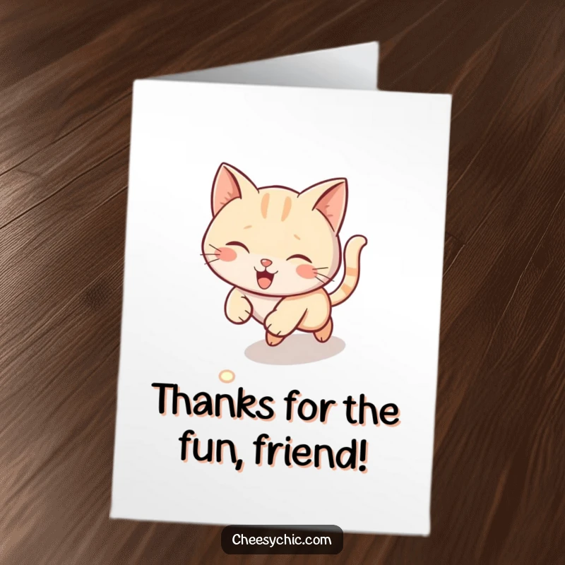 Funny Free Printable Thank You Card: A cat energetically pursues a laser dot, showing appreciation.