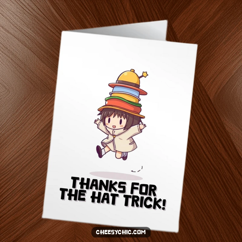Funny Free Printable Thank You Card: A happy character skips with glee, a tower of colorful hats wobbling.