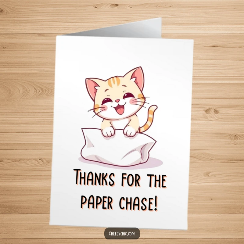 Funny Free Printable Thank You Card: Cat pouncing on crumpled paper, conveying playful gratitude.
