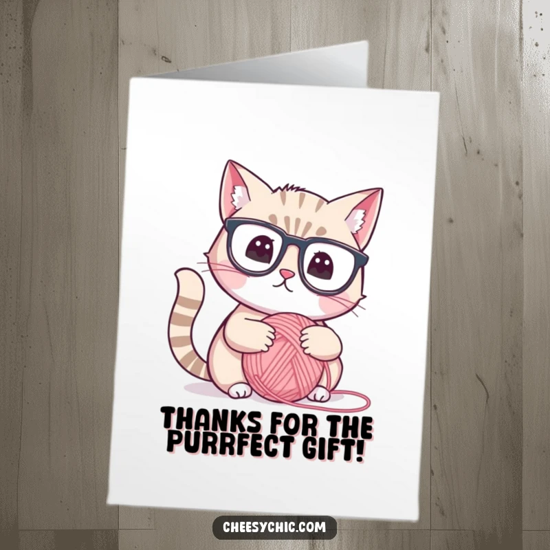Funny Free Printable Thank You Card: A thoughtful cat with reading glasses pauses to consider yarn, expressing thanks.