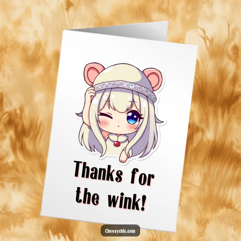 Funny Free Printable Thank You Card: Character Winking and Adjusting Tiny Sequined Hat, Grateful