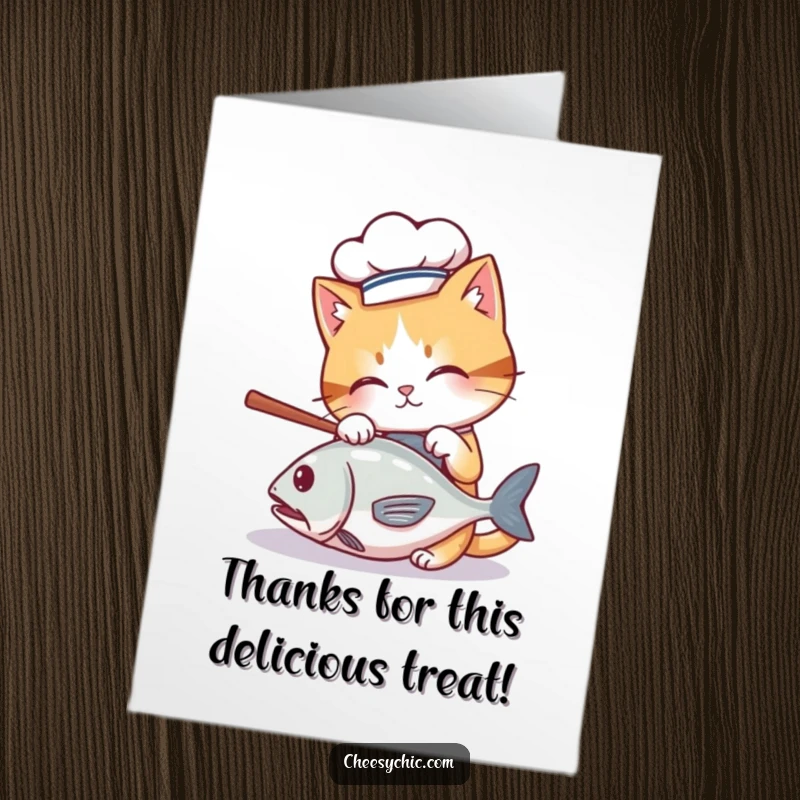 Funny Free Printable Thank You Card: A chef cat playfully attacks a rolling fish, showing gratitude.