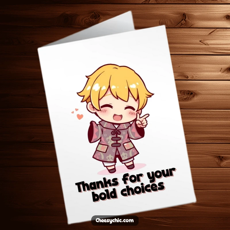 Funny free printable thank you card shows a stylized character pointing proudly at their own ridiculously patterned ensemble.