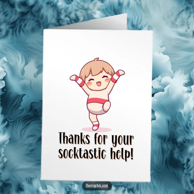 Funny free printable thank you card, character with odd socks attempting a cartwheel with pure happiness.
