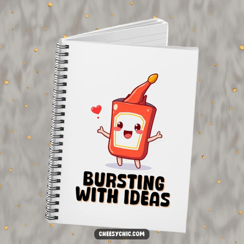 Funny notebook featuring a happy anthropomorphic ketchup packet bursting with energy, perfect for jotting down notes with enthusiasm.