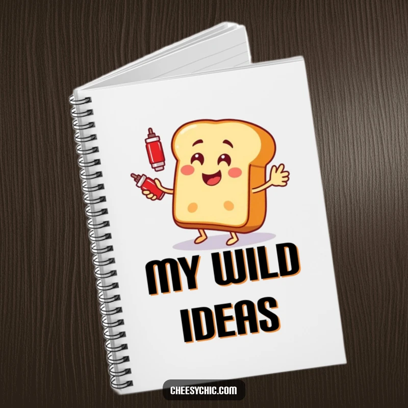 Funny notebook with a happy bread slice juggling ketchup bottles, ideal for recipes and notes.