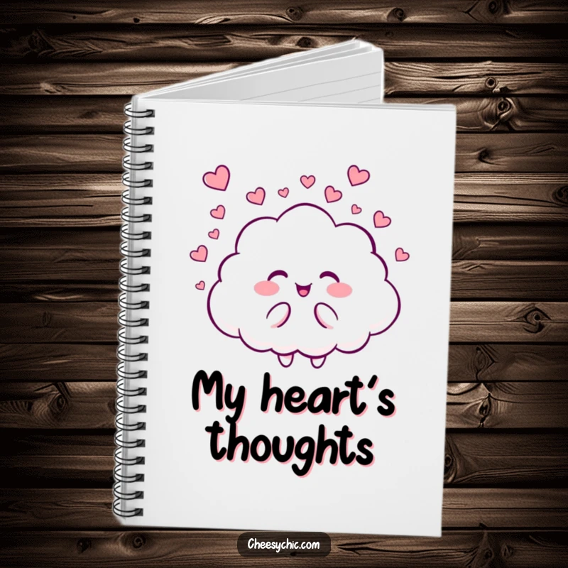 Funny notebook with a fluffy cloud character giggling while raining tiny hearts, perfect for writing heartfelt notes.