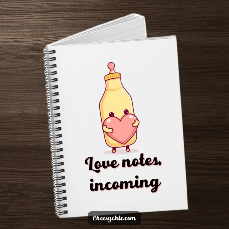 Funny notebook with a smiling anthropomorphic condiment bottle squeezing a big heart, perfect for jotting down notes with a cheerful vibe.