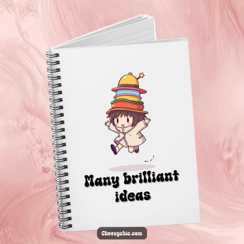 Funny notebook depicting a character skipping with a pile of hats, inspiring creativity and humor for jotting down notes.
