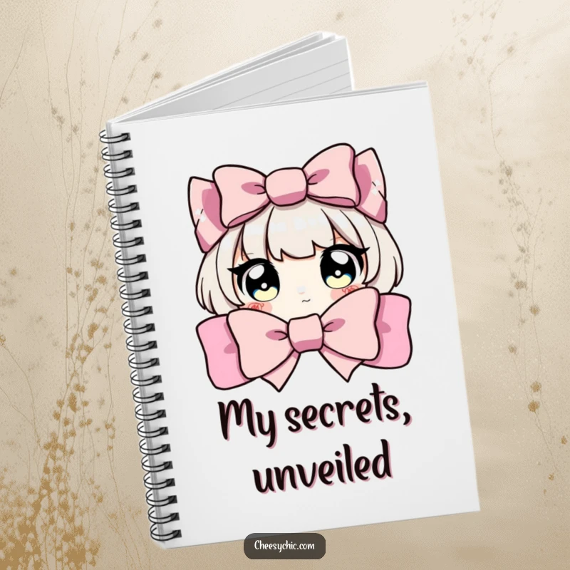 Funny notebook cover featuring a character with wide, sparkling eyes peeking playfully from behind a large bow.
