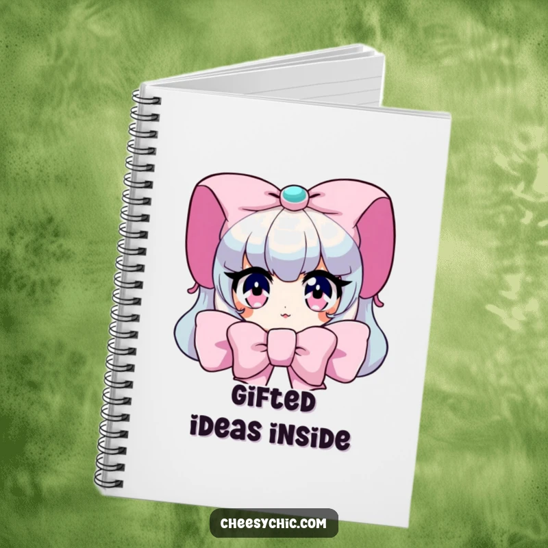 Funny Notebook: Character peeking from behind a giant bow, with wide, sparkling eyes, ideal for notes.