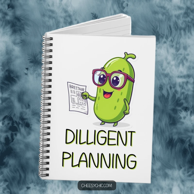 Funny notebook with a pickle wearing large glasses, pointing at a blueprint, ideal for notes.