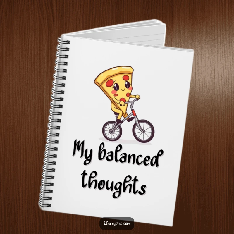 Funny notebook with an adorable anthropomorphic pizza slice attempting to ride a unicycle, perfect for journaling delicious ideas.