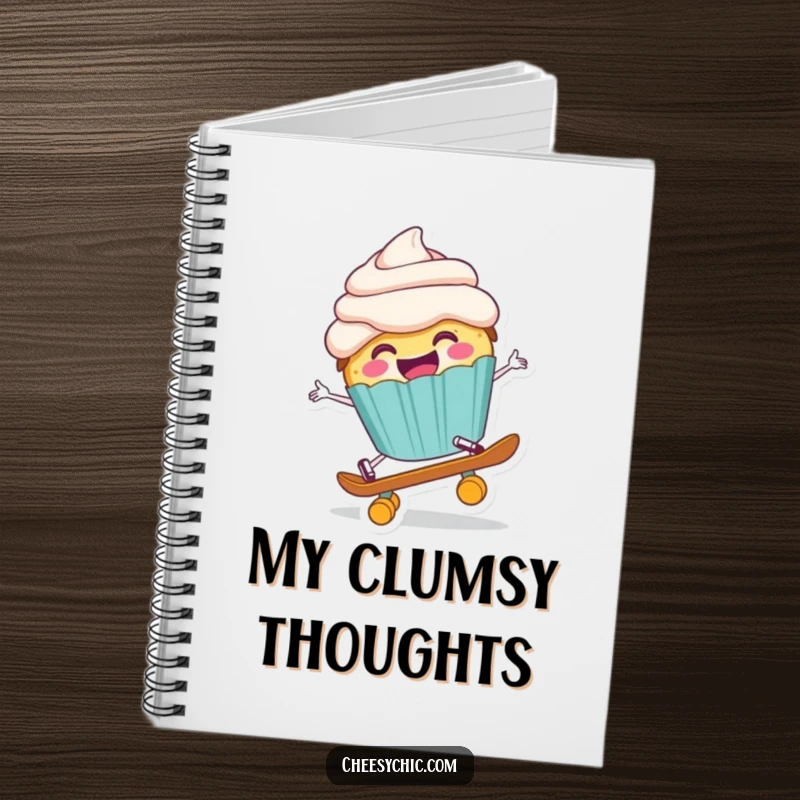 Funny notebook cover featuring a happy anthropomorphic cupcake comically falling off a tiny skateboard, perfect for creative notes.