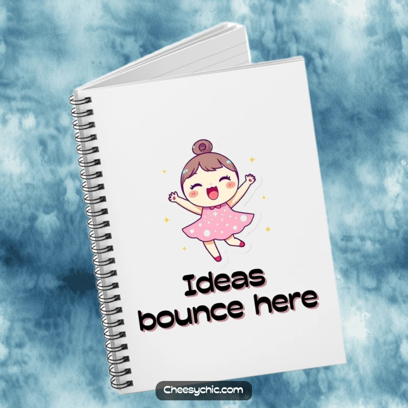 Funny notebook with a small, round character in a sparkly dress, joyfully bouncing, inspiring creative and happy writing sessions.