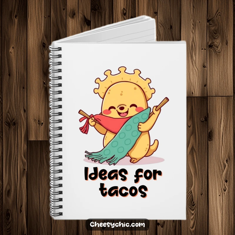 Funny notebook cover featuring a smiling anthropomorphic taco enthusiastically knitting a large scarf, perfect for note-taking.