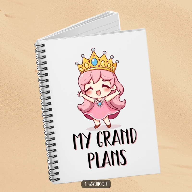 Funny notebook cover featuring a character wearing an oversized, sequined tiara, captured in a celebratory, dancing pose.