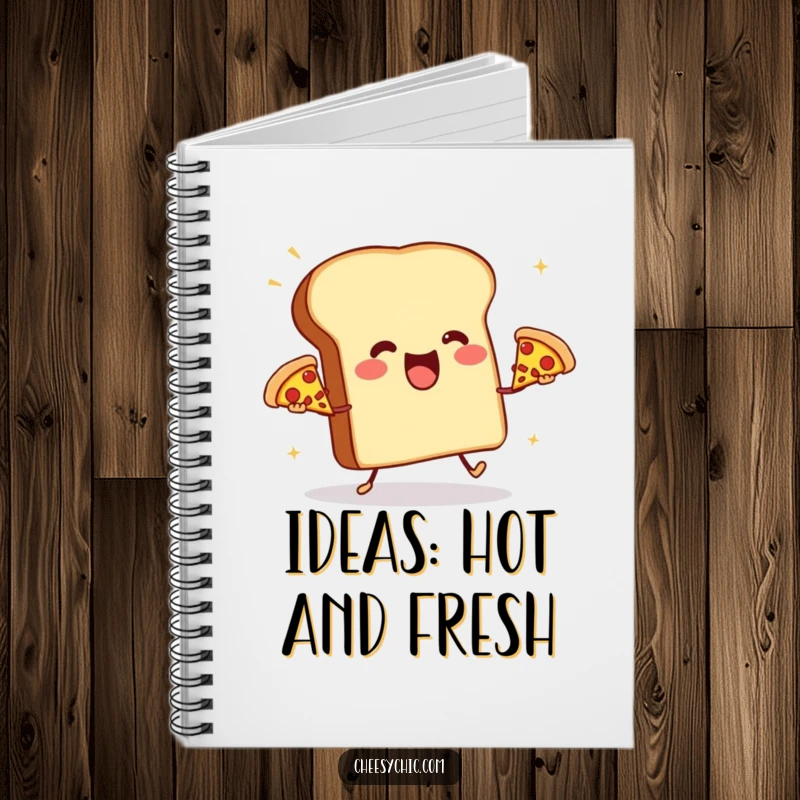 Funny notebook with a happy anthropomorphic toast aggressively juggling three small pizzas, perfect for jotting down delicious ideas.