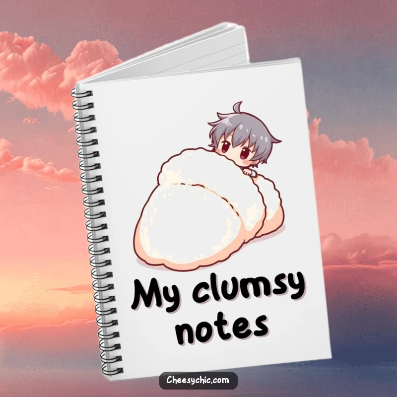 Funny stylized character tripping over a giant fluffy slipper on the cover of a humorous notebook.
