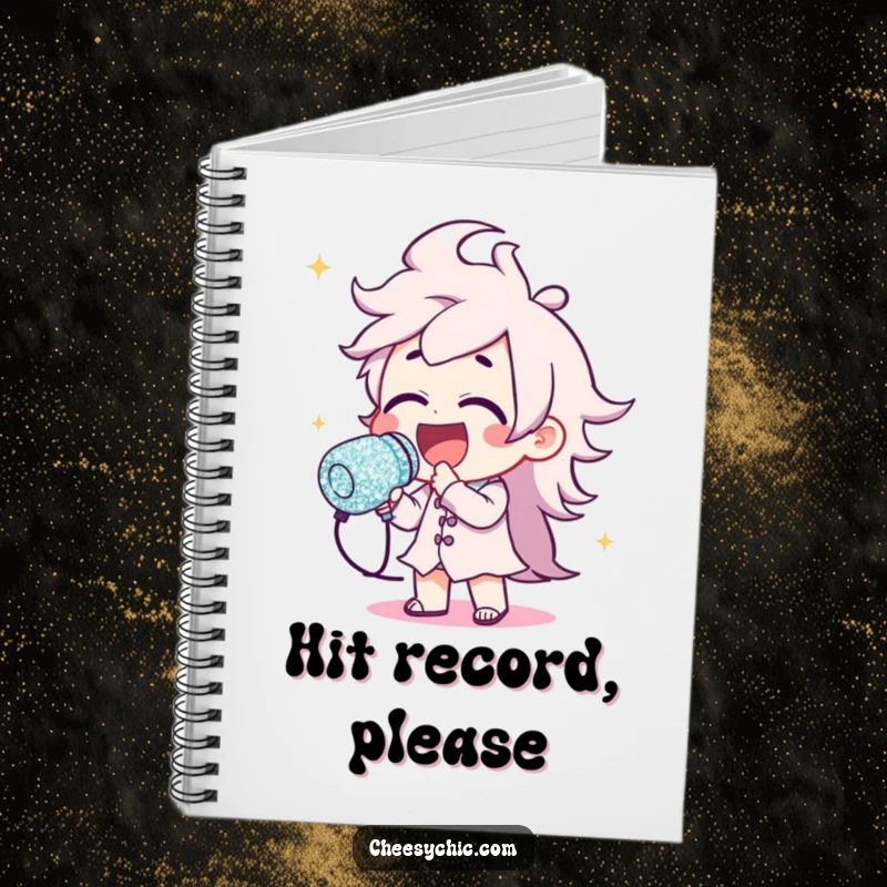 Funny notebook with a character holding a giant, sparkling glitter microphone, designed for jotting down brilliant song ideas.