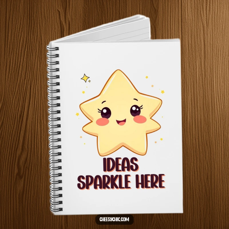 Funny notebook with a smiling star character joyfully tossing a sprinkle of glitter, ideal for jotting down bright and playful ideas.