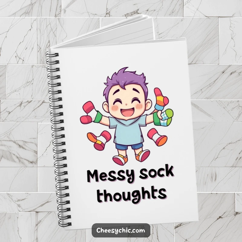 Funny notebook showcasing a grinning character juggling brightly colored, mismatched socks, perfect for jotting down notes and laundry lists.