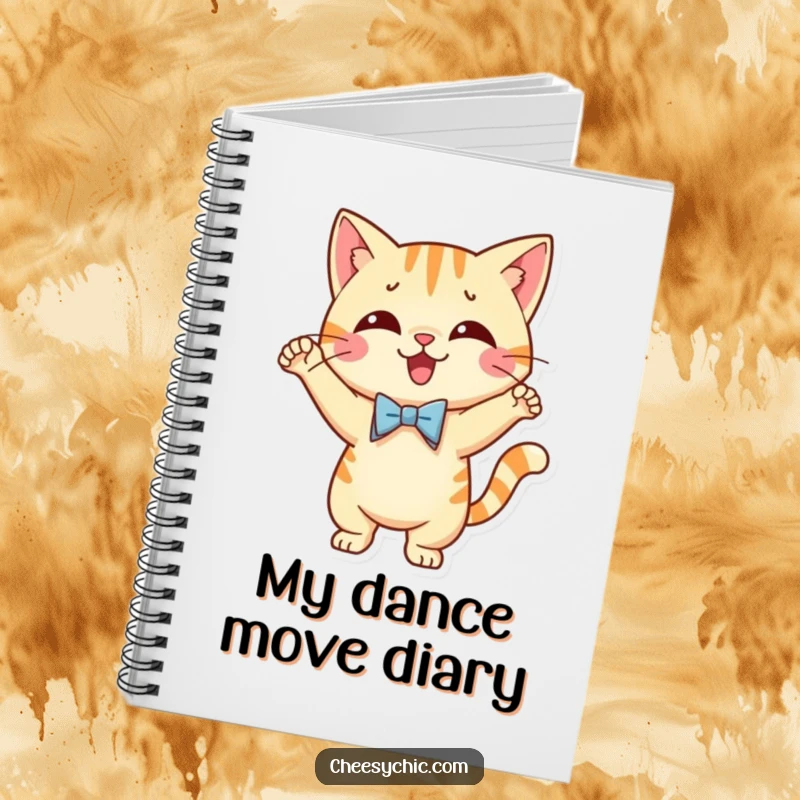 Funny notebook with a cute cat character wearing a bow tie, performing a silly dance, ready for notes.