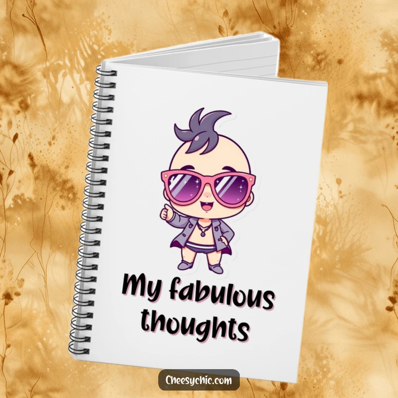 Funny Notebook with a small stylized character sporting huge sparkly sunglasses, exuding confidence and ready to take on the day.