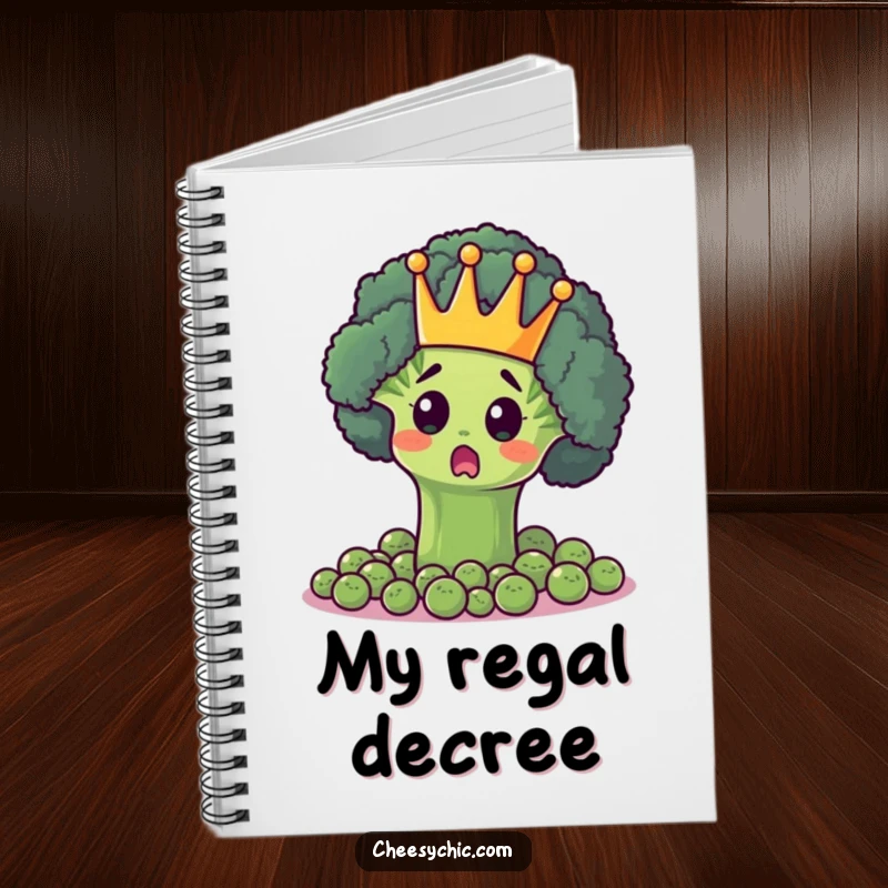 Funny notebook cover with a surprised broccoli floret in a crown, ruling over peas, inspiring productive and humorous note-taking.