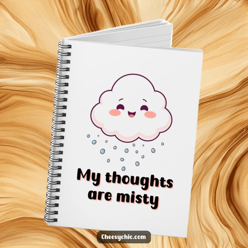 Funny Notebook with a cheerful cloud juggling tiny sparkling droplets, ideal for jotting down playful ideas and notes.