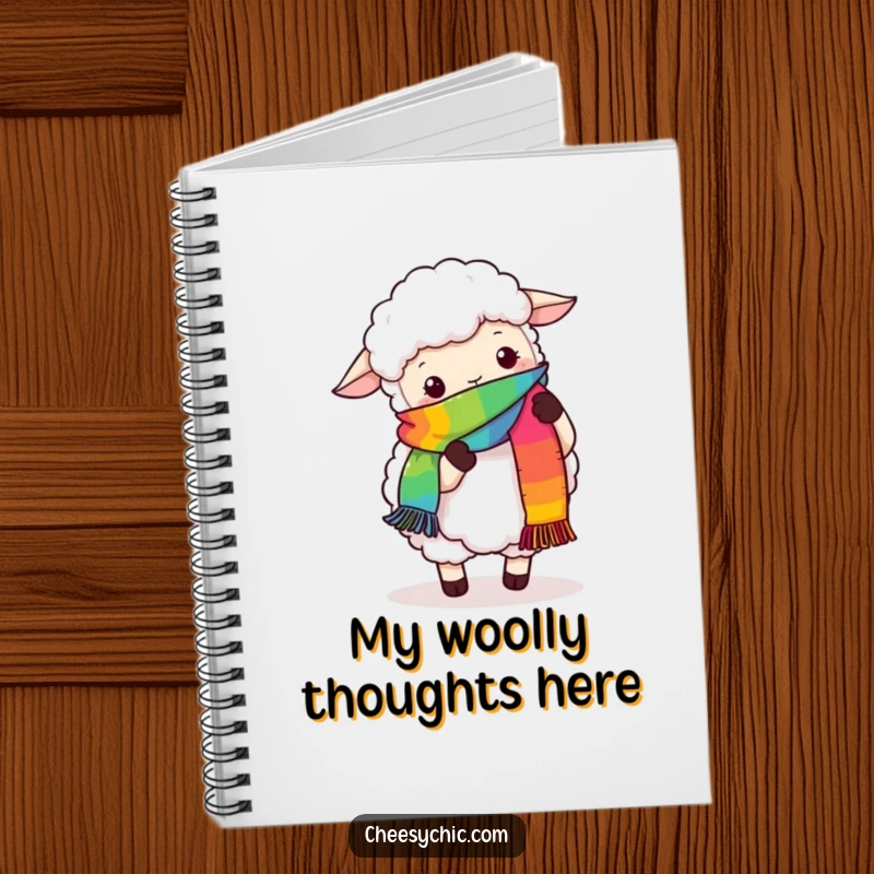 Funny notebook cover with a fluffy sheep hilariously trying to knit a rainbow scarf with its hooves, inspiring creative endeavors.
